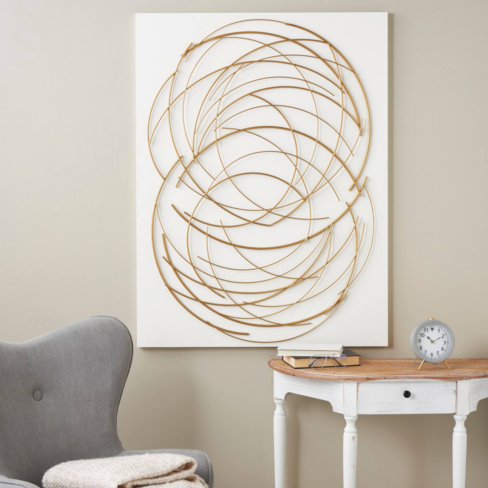 36" x 48" Gold Metal Circle Wall Art with White Wood Backing